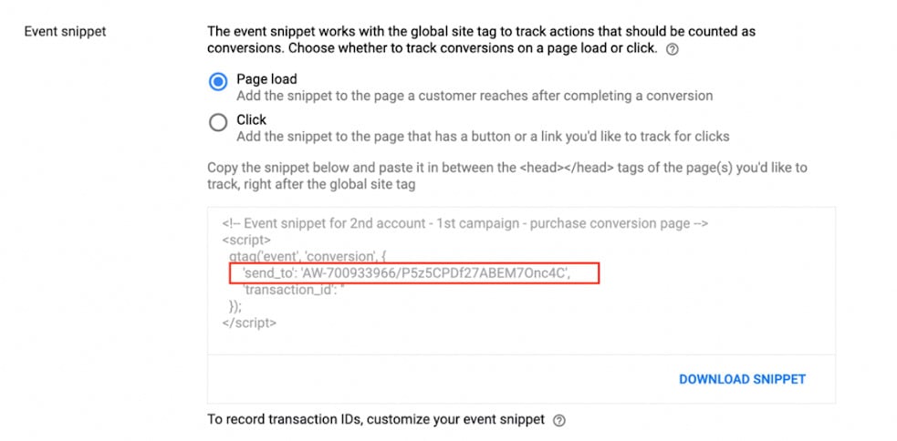 Google Event Code Snippet